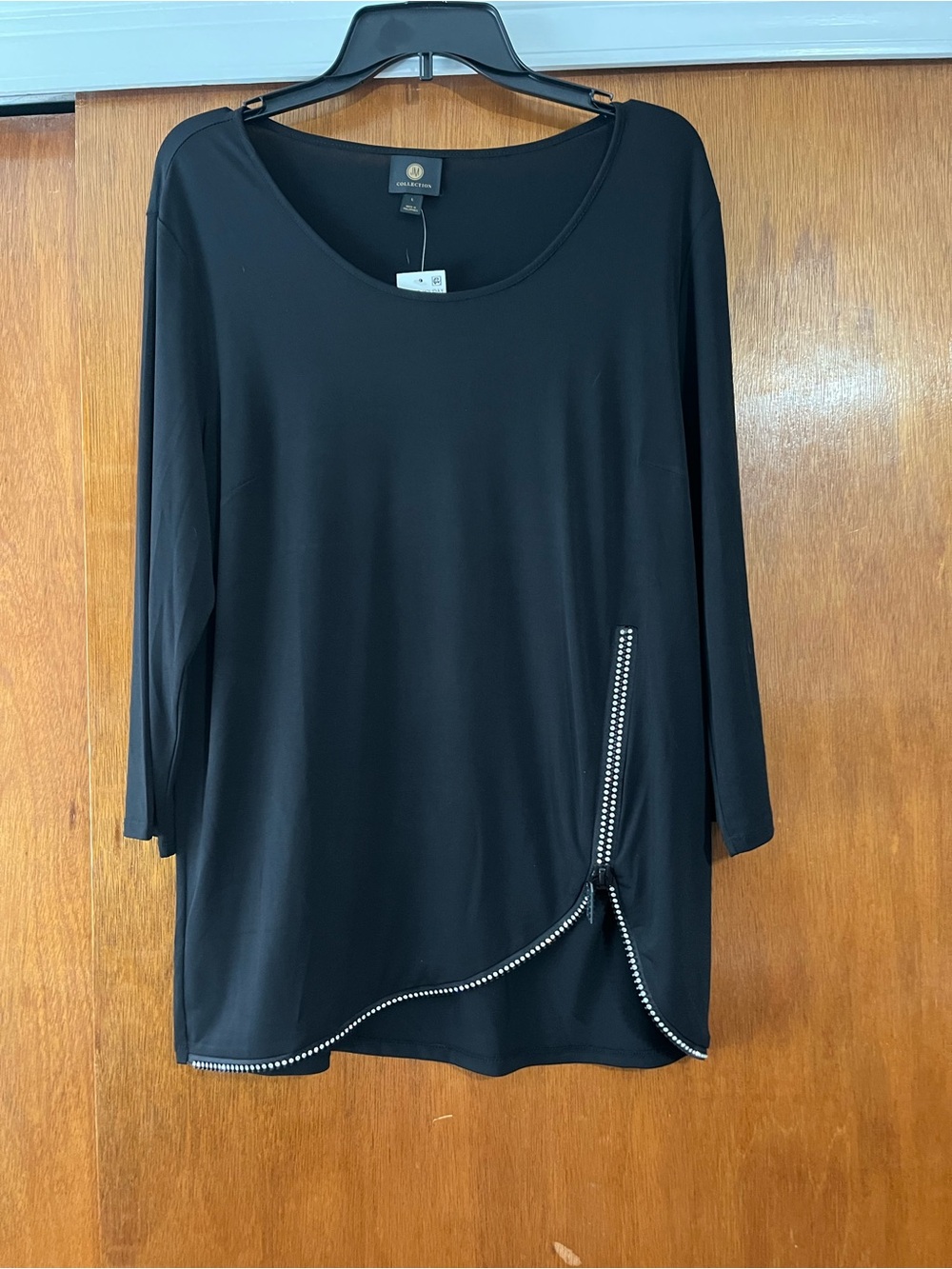 JM Collection Black Scoop Neck Tunic with Diagonal Zip Rhinestone Accent